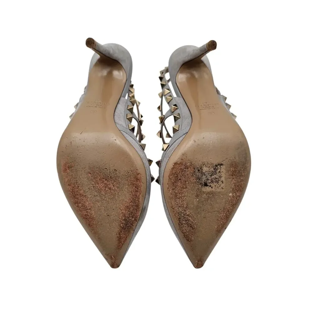 Valentino Garavani Rockstud Cage Heel Pump T Strap Gray Suede Gold Size 38 US 8